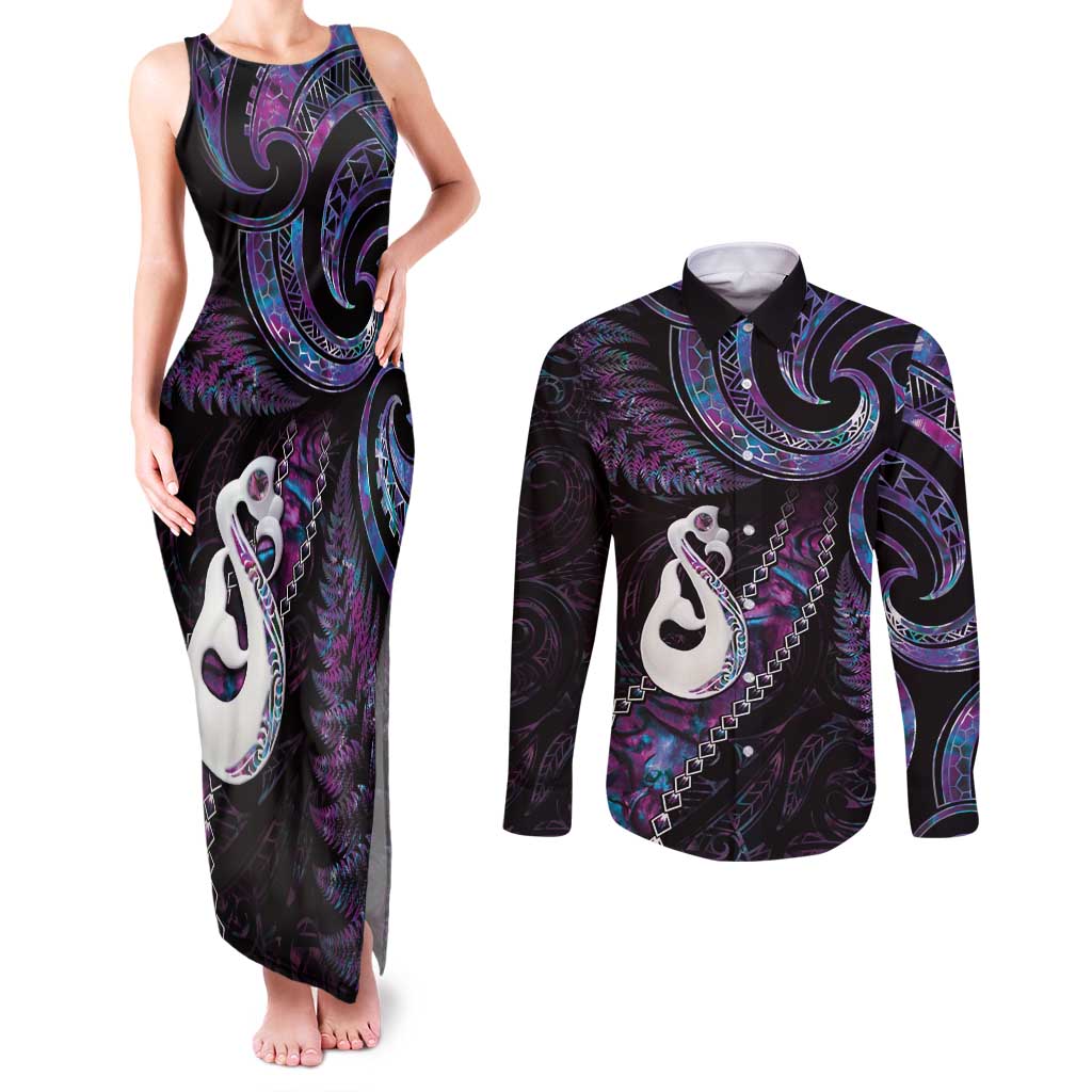 New Zealand Aotearoa Couples Matching Tank Maxi Dress and Long Sleeve Button Shirt Maori Manaia Paua Shell Glitter Purple