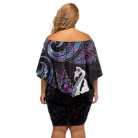 New Zealand Aotearoa Off Shoulder Short Dress Maori Manaia Paua Shell Glitter Purple