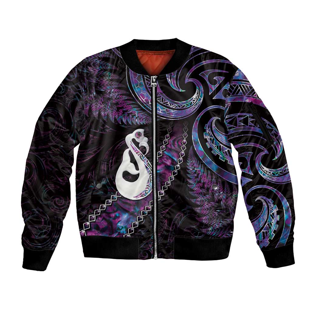 New Zealand Aotearoa Sleeve Zip Bomber Jacket Maori Manaia Paua Shell Glitter Purple LT05 Unisex Purple - Polynesian Pride