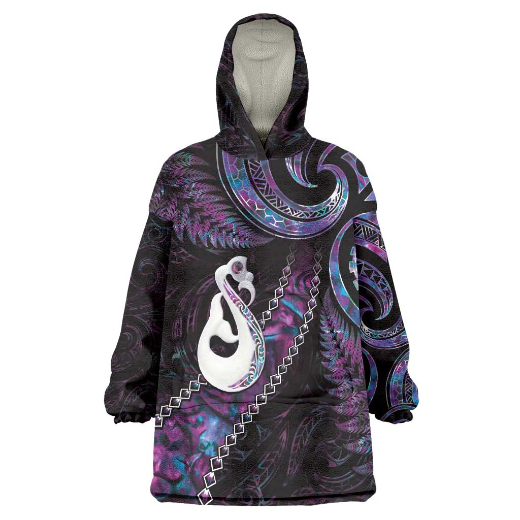 New Zealand Aotearoa Wearable Blanket Hoodie Maori Manaia Paua Shell Glitter Purple LT05 One Size Purple - Polynesian Pride