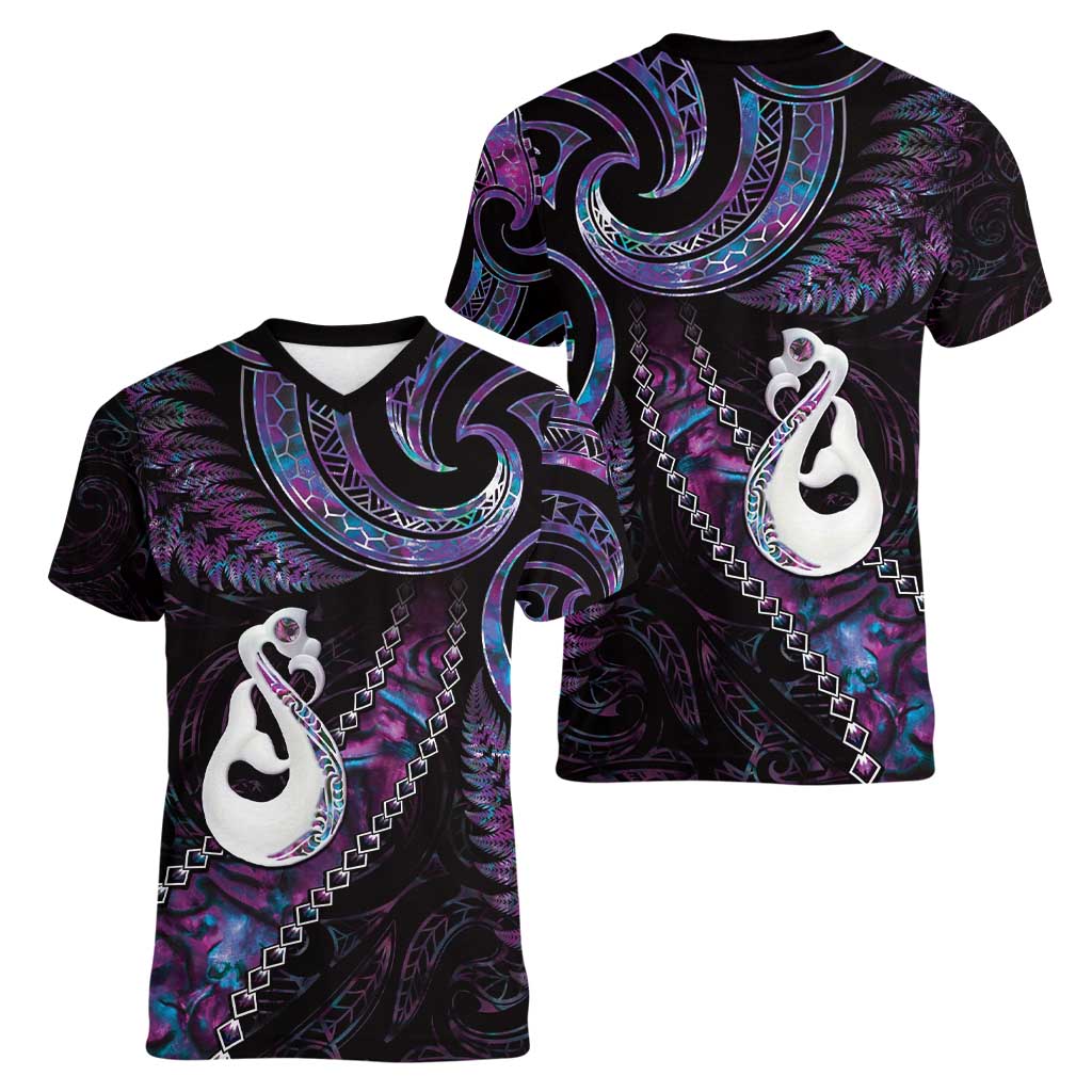 New Zealand Aotearoa Women V-Neck T-Shirt Maori Manaia Paua Shell Glitter Purple