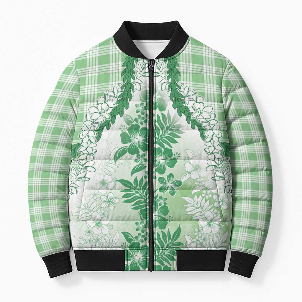 Aloha Hawaii Palaka Bomber Puffer Jacket Green Plumeria Lei - Polynesian Pride