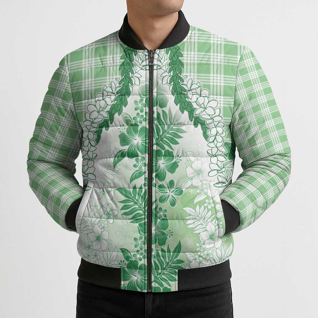 Aloha Hawaii Palaka Bomber Puffer Jacket Green Plumeria Lei - Polynesian Pride