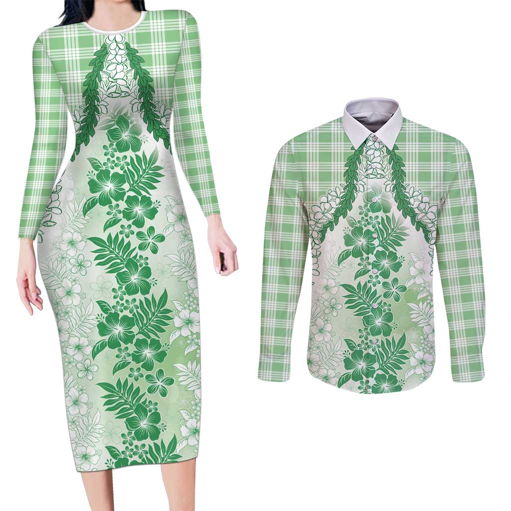 Aloha Hawaii Palaka Couples Matching Long Sleeve Bodycon Dress and Long Sleeve Button Shirt Green Plumeria Lei - Polynesian Pride