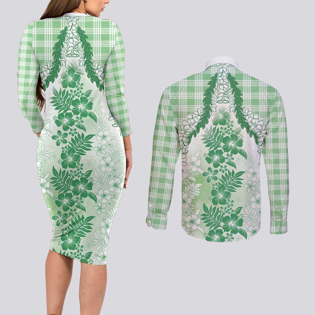 Aloha Hawaii Palaka Couples Matching Long Sleeve Bodycon Dress and Long Sleeve Button Shirt Green Plumeria Lei - Polynesian Pride
