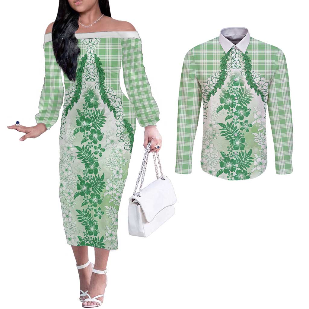 Aloha Hawaii Palaka Couples Matching Off The Shoulder Long Sleeve Dress and Long Sleeve Button Shirt Green Plumeria Lei - Polynesian Pride
