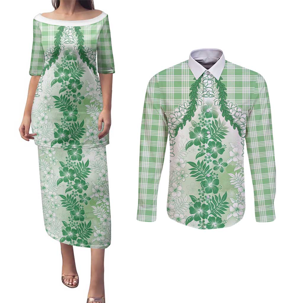 Aloha Hawaii Palaka Couples Matching Puletasi and Long Sleeve Button Shirt Green Plumeria Lei - Polynesian Pride