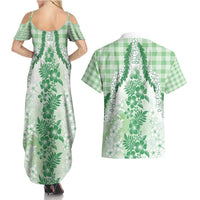 Aloha Hawaii Palaka Couples Matching Summer Maxi Dress and Hawaiian Shirt Green Plumeria Lei - Polynesian Pride