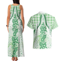 Aloha Hawaii Palaka Couples Matching Tank Maxi Dress and Hawaiian Shirt Green Plumeria Lei - Polynesian Pride