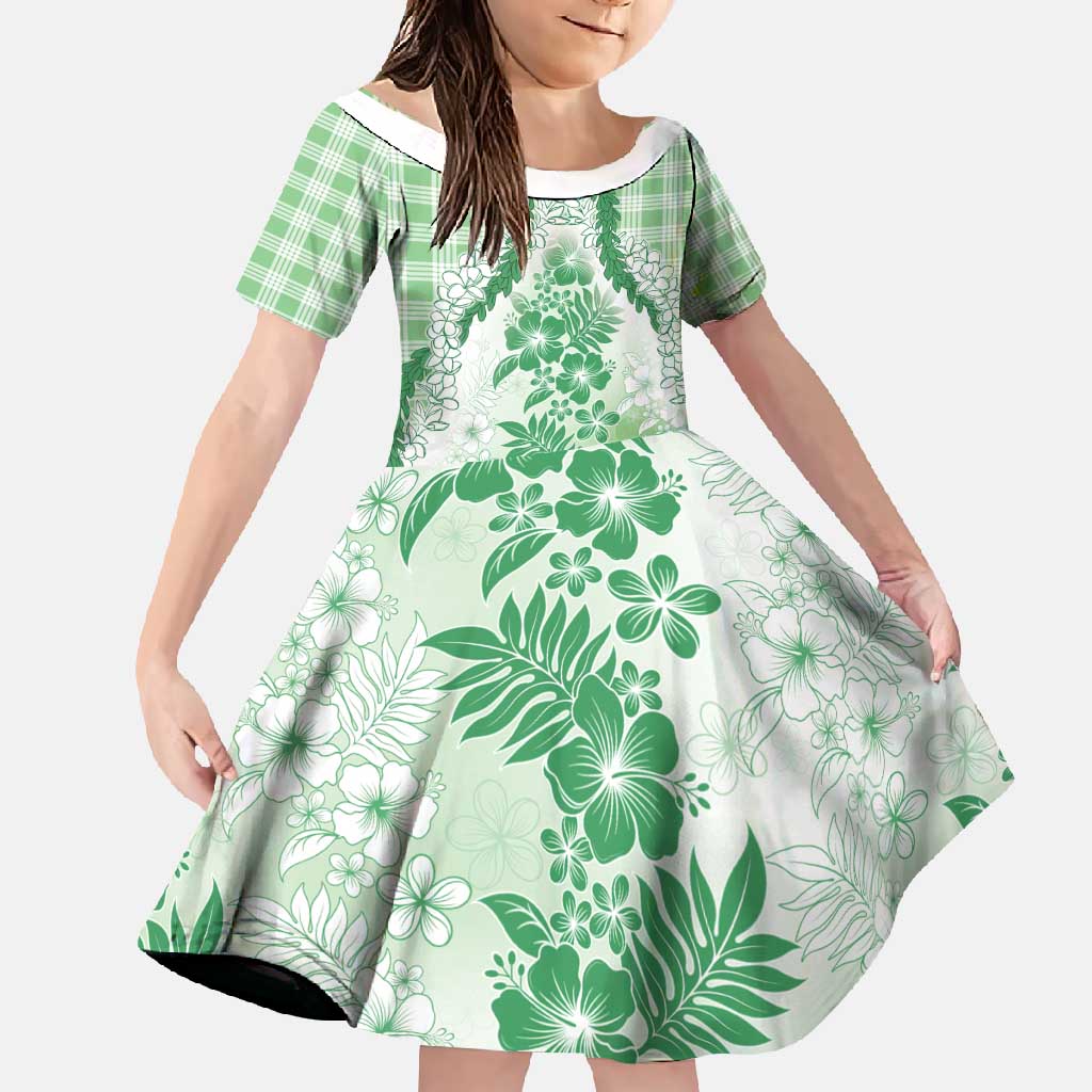 Aloha Hawaii Palaka Family Matching Long Sleeve Bodycon Dress and Hawaiian Shirt Green Plumeria Lei - Polynesian Pride