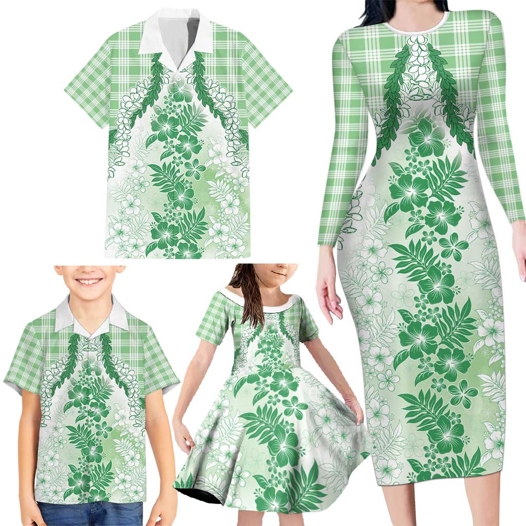 Aloha Hawaii Palaka Family Matching Long Sleeve Bodycon Dress and Hawaiian Shirt Green Plumeria Lei - Polynesian Pride
