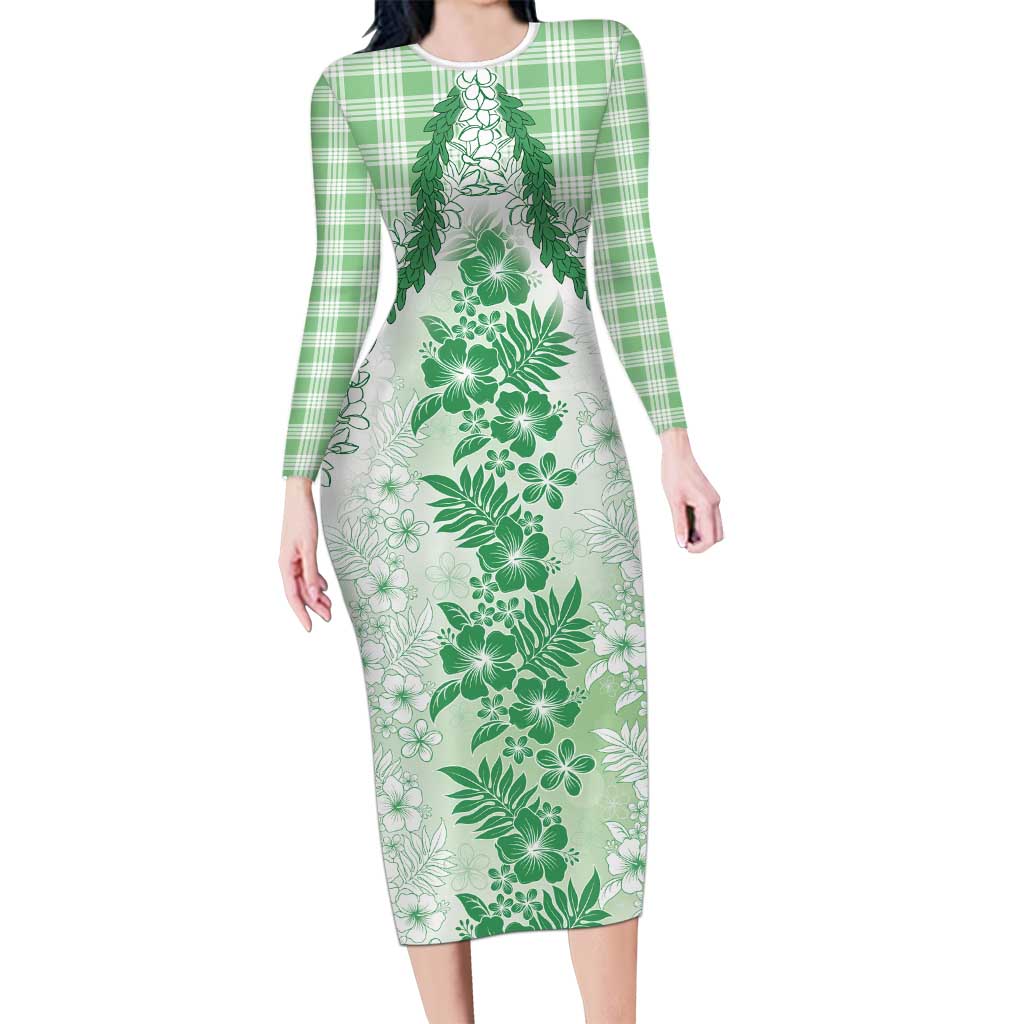 Aloha Hawaii Palaka Family Matching Long Sleeve Bodycon Dress and Hawaiian Shirt Green Plumeria Lei - Polynesian Pride