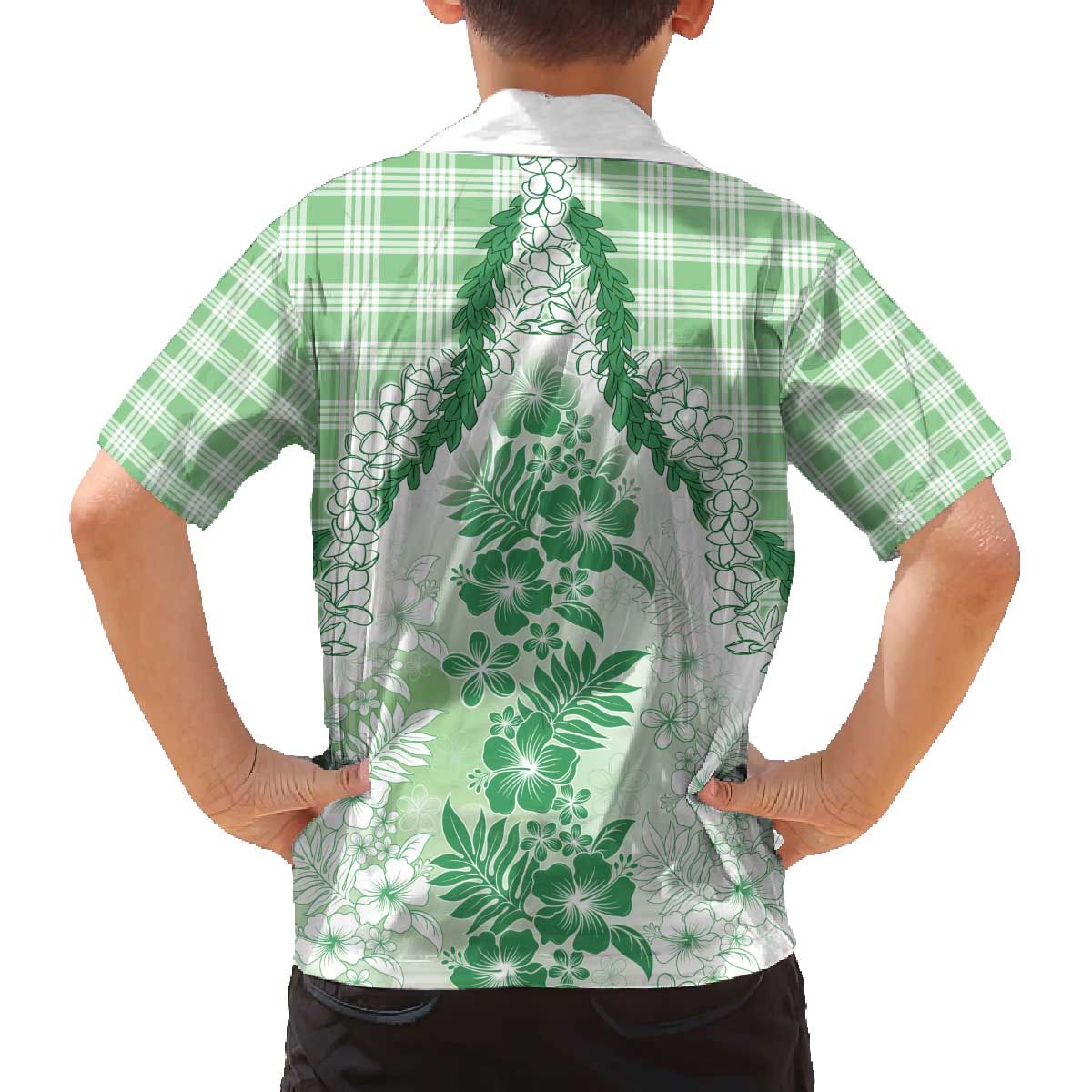 Aloha Hawaii Palaka Family Matching Off The Shoulder Long Sleeve Dress and Hawaiian Shirt Green Plumeria Lei - Polynesian Pride