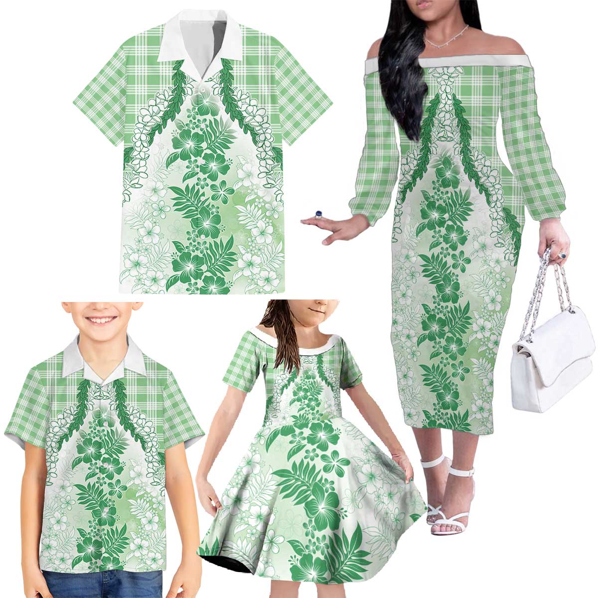 Aloha Hawaii Palaka Family Matching Off The Shoulder Long Sleeve Dress and Hawaiian Shirt Green Plumeria Lei - Polynesian Pride