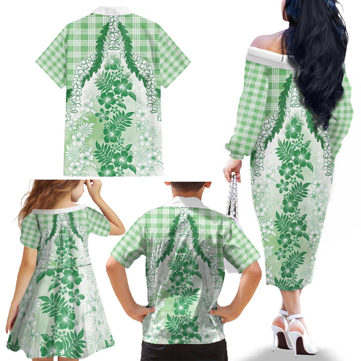 Aloha Hawaii Palaka Family Matching Off The Shoulder Long Sleeve Dress and Hawaiian Shirt Green Plumeria Lei - Polynesian Pride