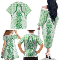 Aloha Hawaii Palaka Family Matching Off The Shoulder Long Sleeve Dress and Hawaiian Shirt Green Plumeria Lei - Polynesian Pride