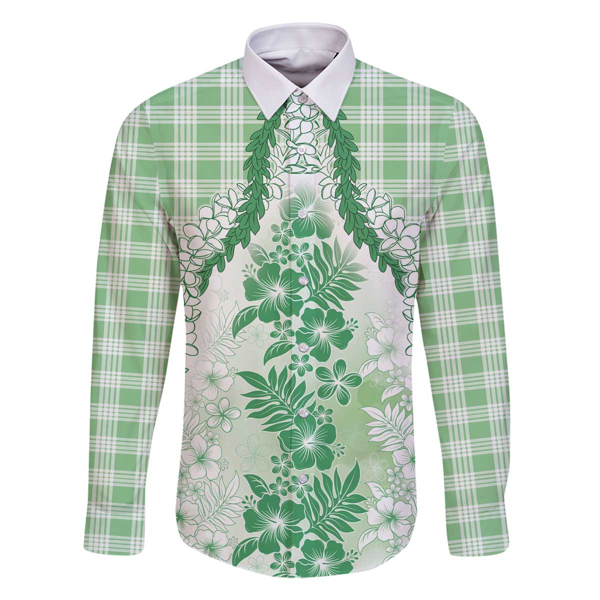 Aloha Hawaii Palaka Family Matching Off The Shoulder Long Sleeve Dress and Hawaiian Shirt Green Plumeria Lei - Polynesian Pride