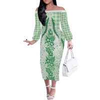 Aloha Hawaii Palaka Family Matching Off The Shoulder Long Sleeve Dress and Hawaiian Shirt Green Plumeria Lei - Polynesian Pride
