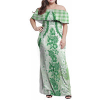 Aloha Hawaii Palaka Family Matching Off Shoulder Maxi Dress and Hawaiian Shirt Green Plumeria Lei - Polynesian Pride