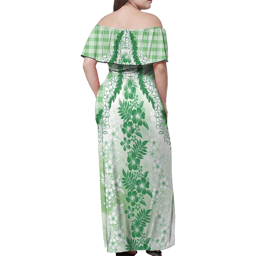 Aloha Hawaii Palaka Family Matching Off Shoulder Maxi Dress and Hawaiian Shirt Green Plumeria Lei - Polynesian Pride