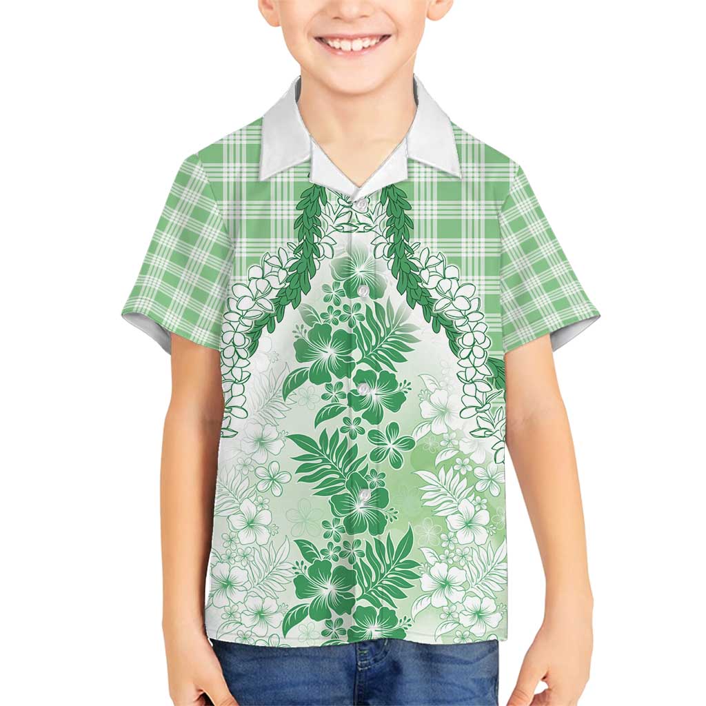 Aloha Hawaii Palaka Family Matching Off Shoulder Maxi Dress and Hawaiian Shirt Green Plumeria Lei - Polynesian Pride