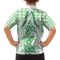 Aloha Hawaii Palaka Family Matching Off Shoulder Short Dress and Hawaiian Shirt Green Plumeria Lei - Polynesian Pride