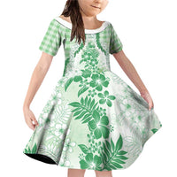 Aloha Hawaii Palaka Family Matching Off Shoulder Short Dress and Hawaiian Shirt Green Plumeria Lei - Polynesian Pride