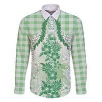 Aloha Hawaii Palaka Family Matching Off Shoulder Short Dress and Hawaiian Shirt Green Plumeria Lei - Polynesian Pride