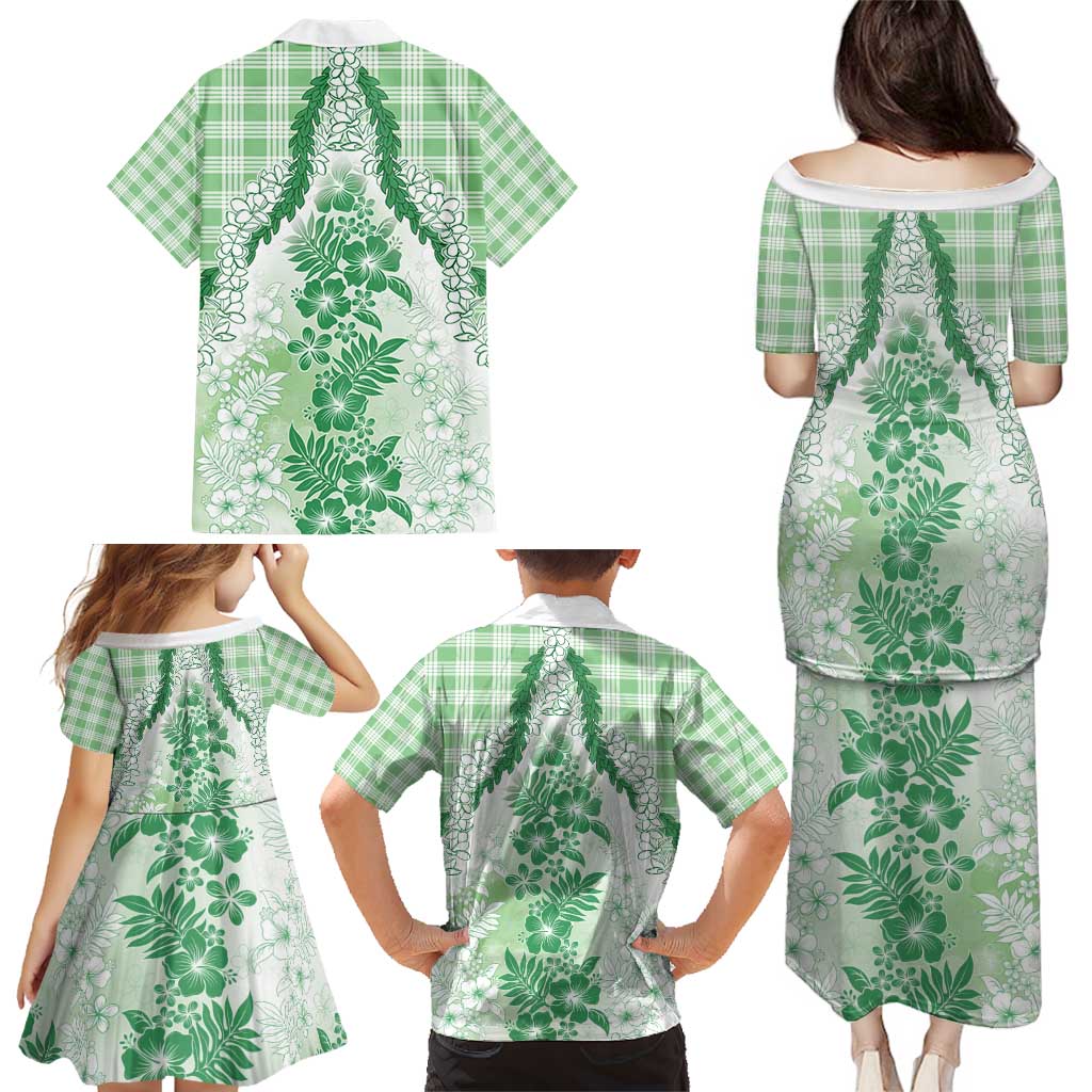 Aloha Hawaii Palaka Family Matching Puletasi and Hawaiian Shirt Green Plumeria Lei - Polynesian Pride
