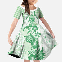 Aloha Hawaii Palaka Family Matching Short Sleeve Bodycon Dress and Hawaiian Shirt Green Plumeria Lei - Polynesian Pride