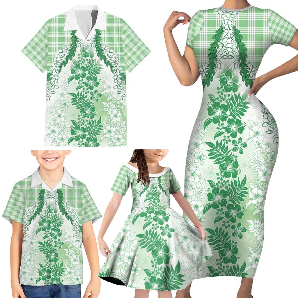 Aloha Hawaii Palaka Family Matching Short Sleeve Bodycon Dress and Hawaiian Shirt Green Plumeria Lei - Polynesian Pride