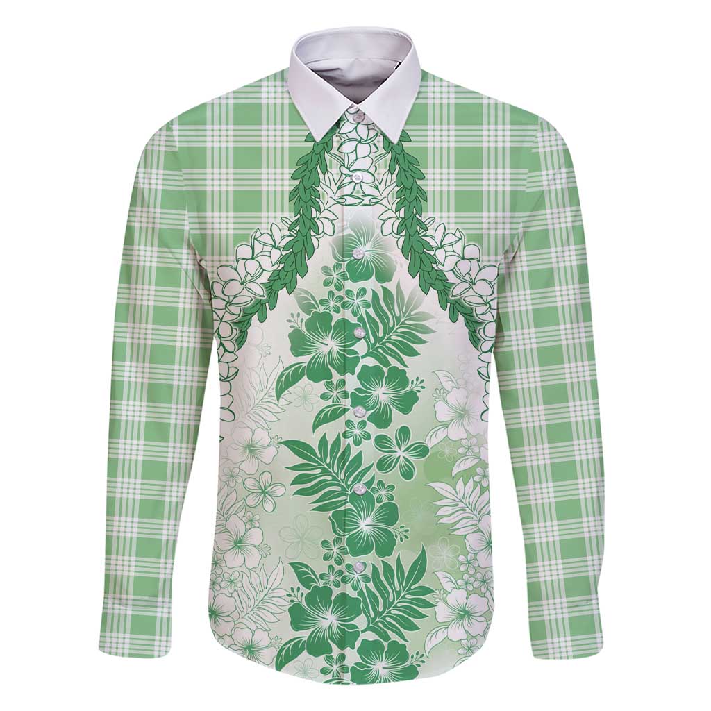 Aloha Hawaii Palaka Family Matching Short Sleeve Bodycon Dress and Hawaiian Shirt Green Plumeria Lei - Polynesian Pride