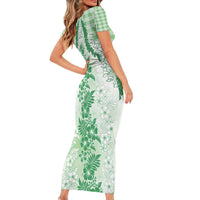 Aloha Hawaii Palaka Family Matching Short Sleeve Bodycon Dress and Hawaiian Shirt Green Plumeria Lei - Polynesian Pride
