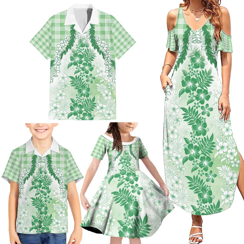 Aloha Hawaii Palaka Family Matching Summer Maxi Dress and Hawaiian Shirt Green Plumeria Lei - Polynesian Pride