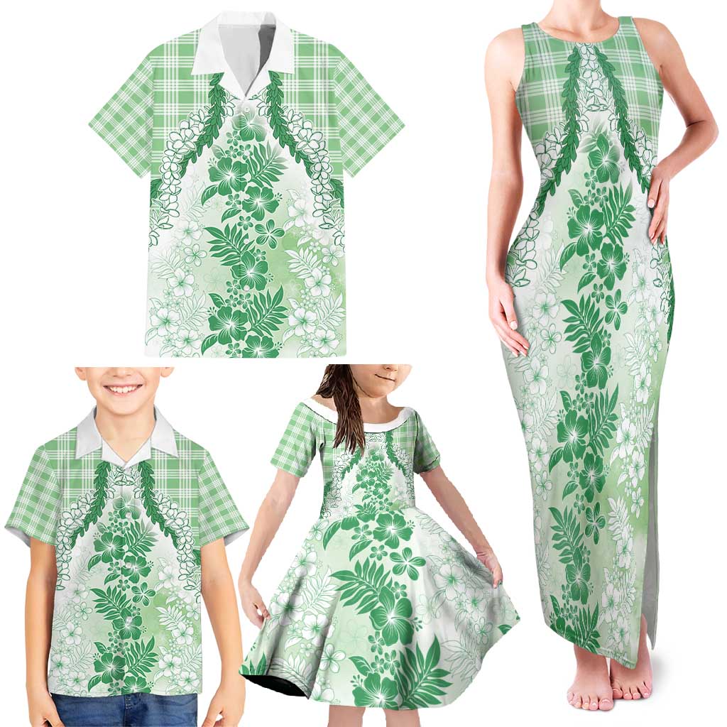 Aloha Hawaii Palaka Family Matching Tank Maxi Dress and Hawaiian Shirt Green Plumeria Lei - Polynesian Pride