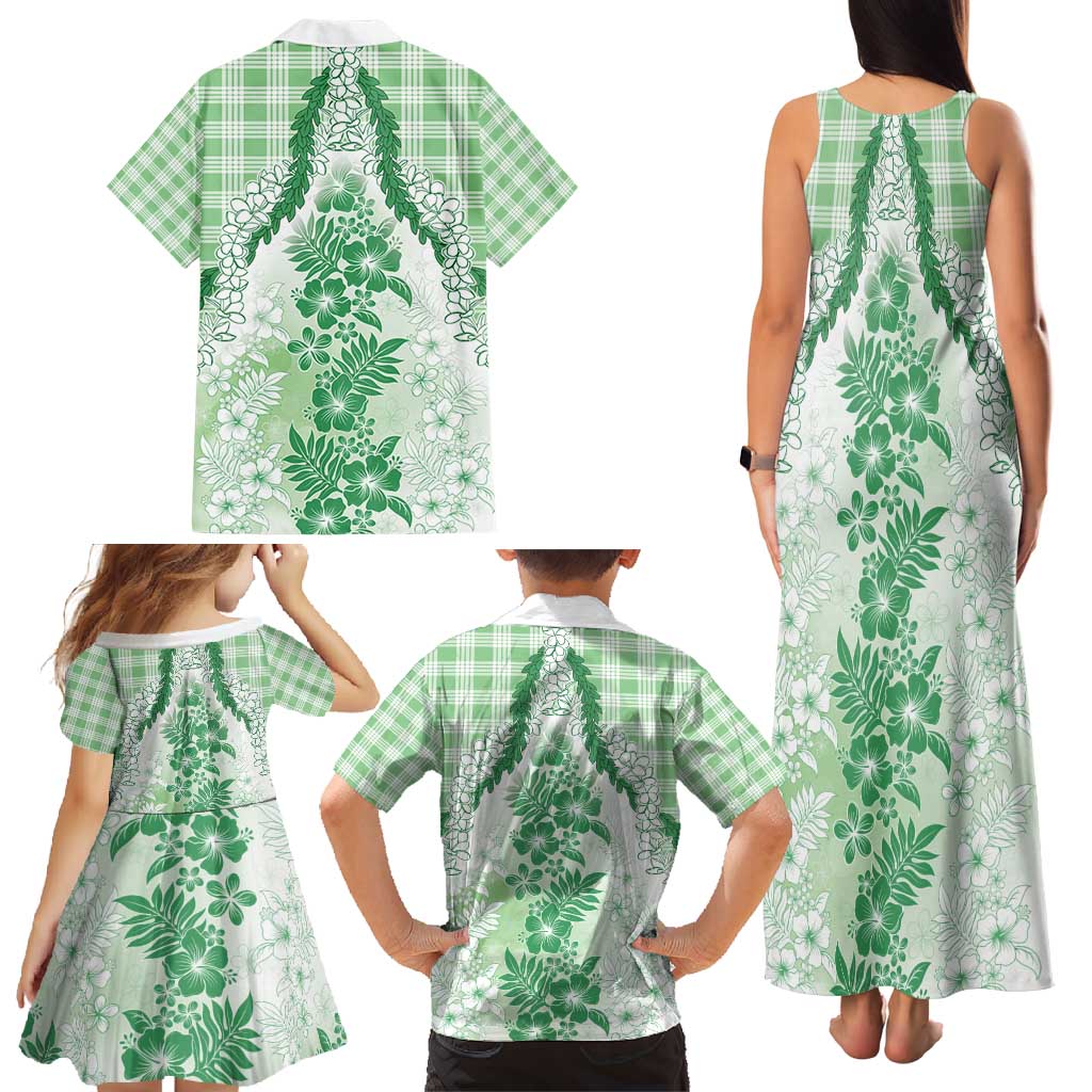 Aloha Hawaii Palaka Family Matching Tank Maxi Dress and Hawaiian Shirt Green Plumeria Lei - Polynesian Pride