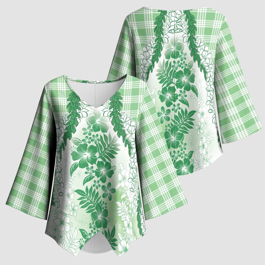 Aloha Hawaii Palaka Kimono Sleeve Blouse Green Plumeria Lei - Polynesian Pride