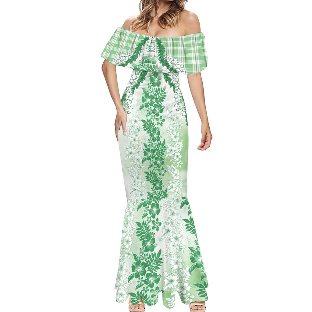 Aloha Hawaii Palaka Mermaid Dress Green Plumeria Lei - Polynesian Pride