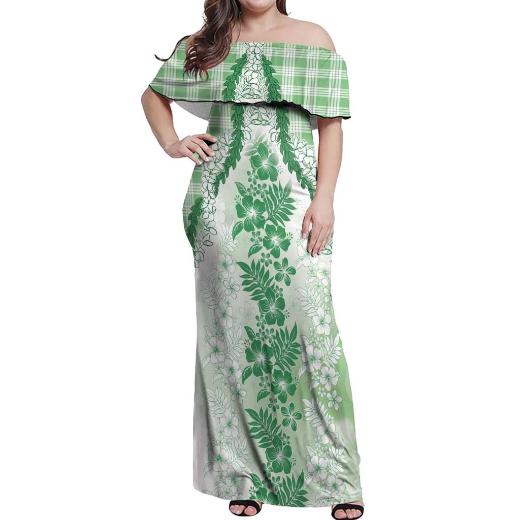 Aloha Hawaii Palaka Off Shoulder Maxi Dress Green Plumeria Lei - Polynesian Pride