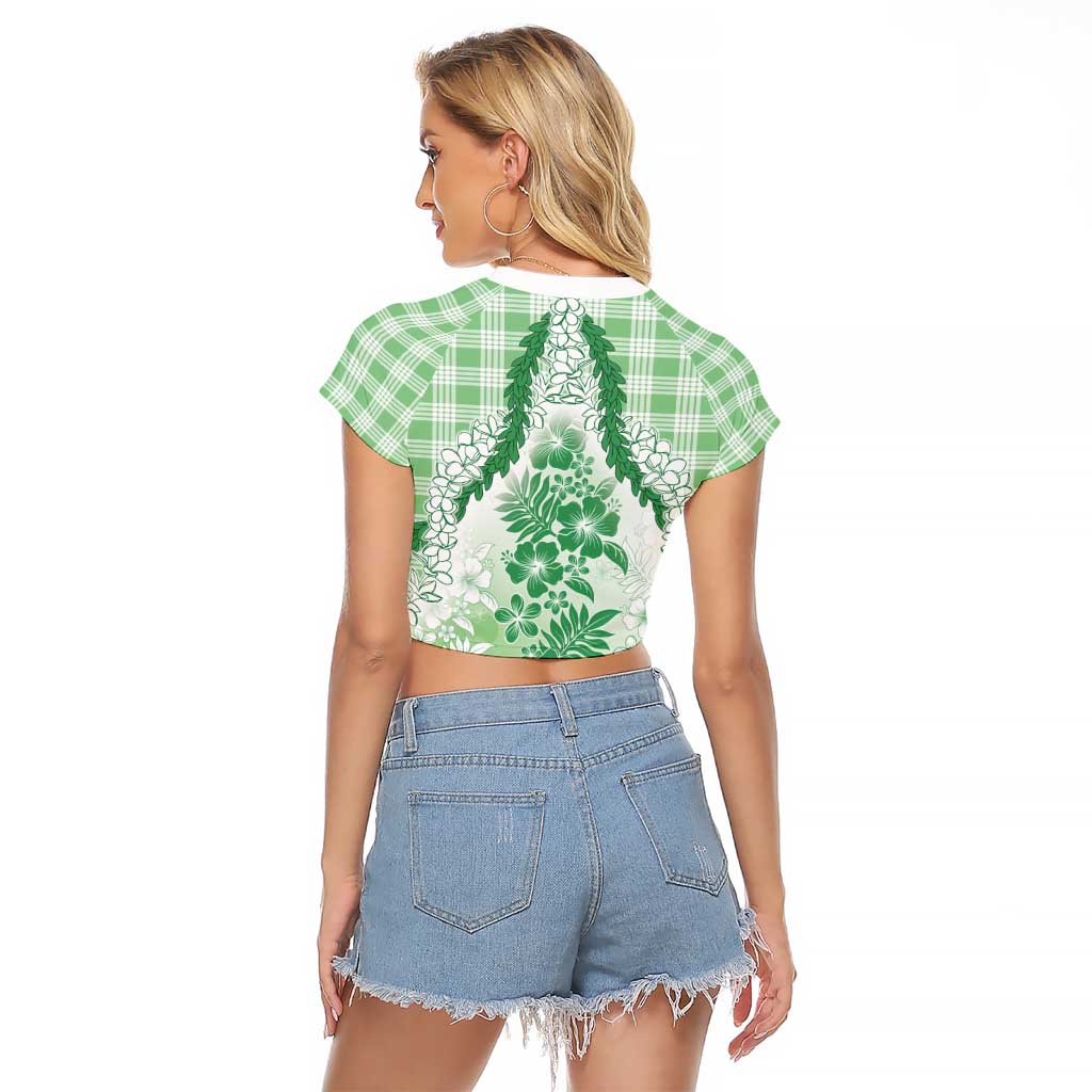 Aloha Hawaii Palaka Raglan Cropped T Shirt Green Plumeria Lei - Polynesian Pride