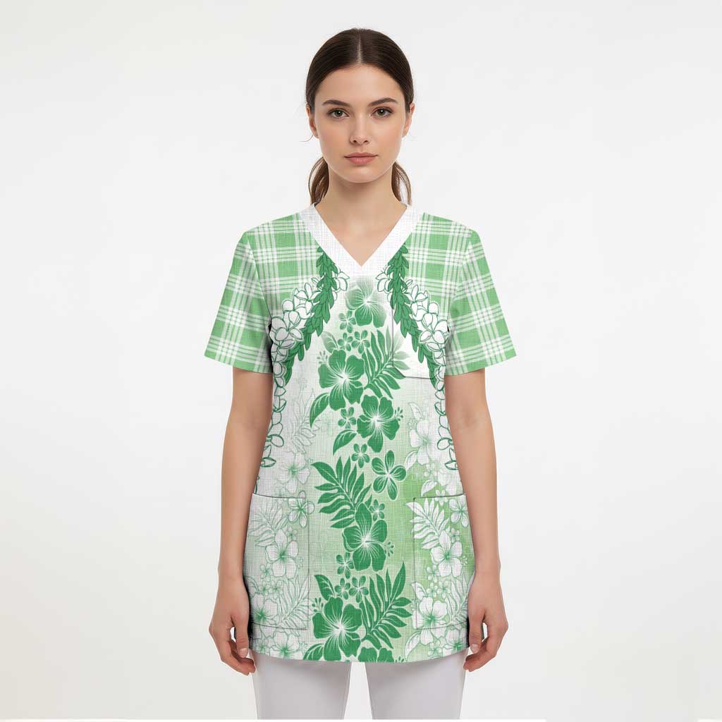 Aloha Hawaii Palaka Scrub Top Green Plumeria Lei - Polynesian Pride