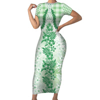 Aloha Hawaii Palaka Short Sleeve Bodycon Dress Green Plumeria Lei - Polynesian Pride