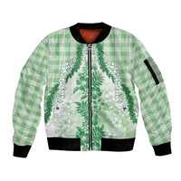 Aloha Hawaii Palaka Sleeve Zip Bomber Jacket Green Plumeria Lei - Polynesian Pride