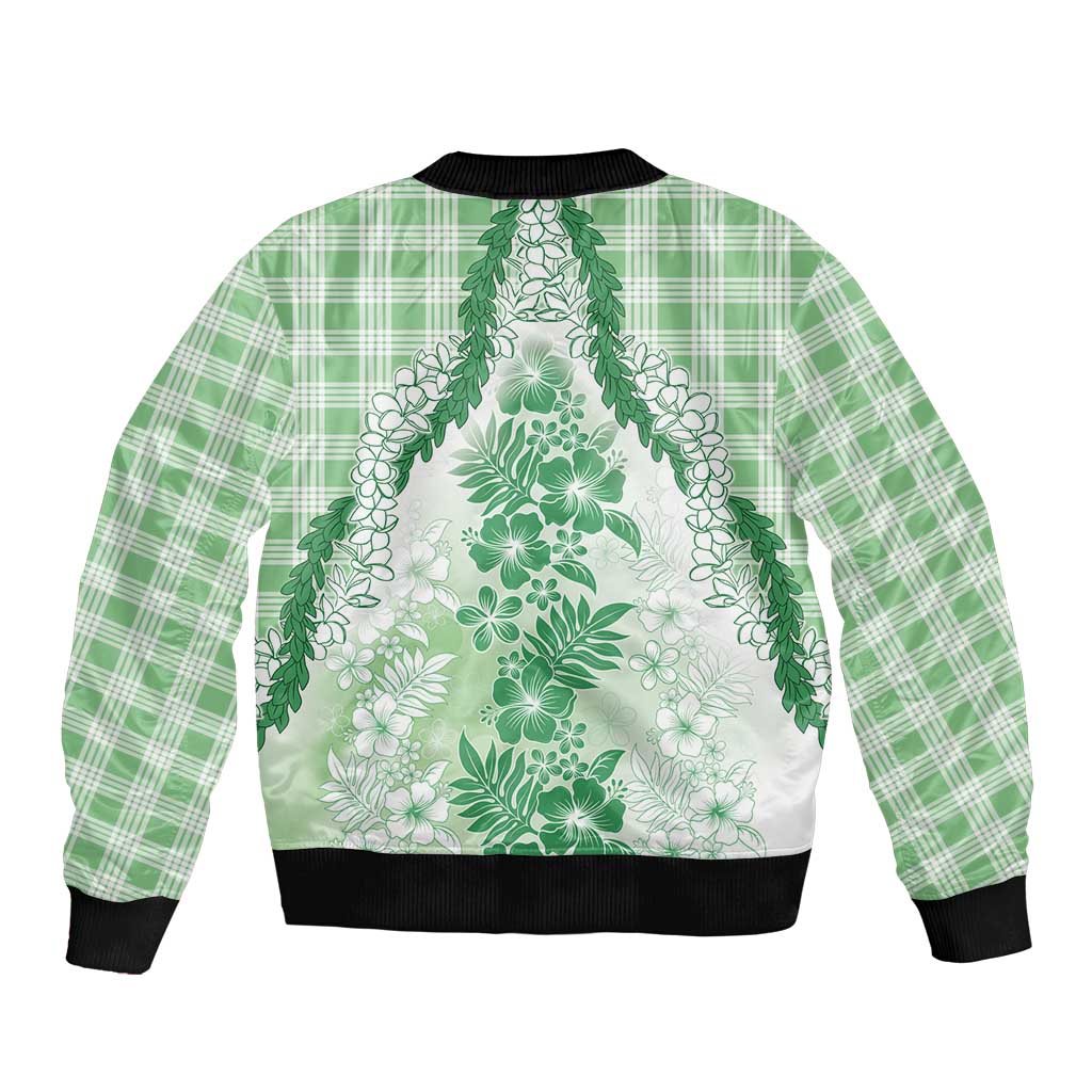 Aloha Hawaii Palaka Sleeve Zip Bomber Jacket Green Plumeria Lei - Polynesian Pride