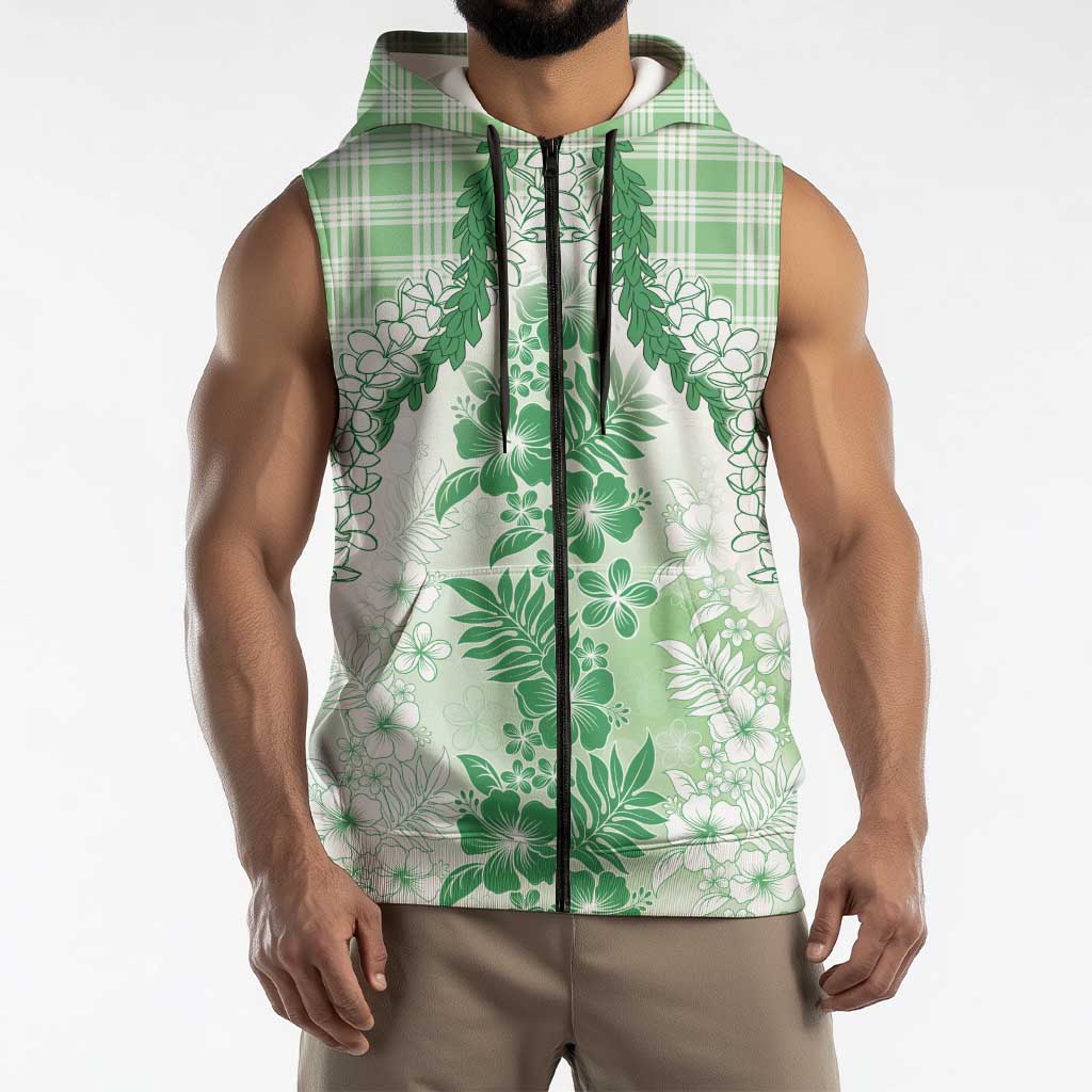 Aloha Hawaii Palaka Sleeveless Zip Hoodie Green Plumeria Lei LT05