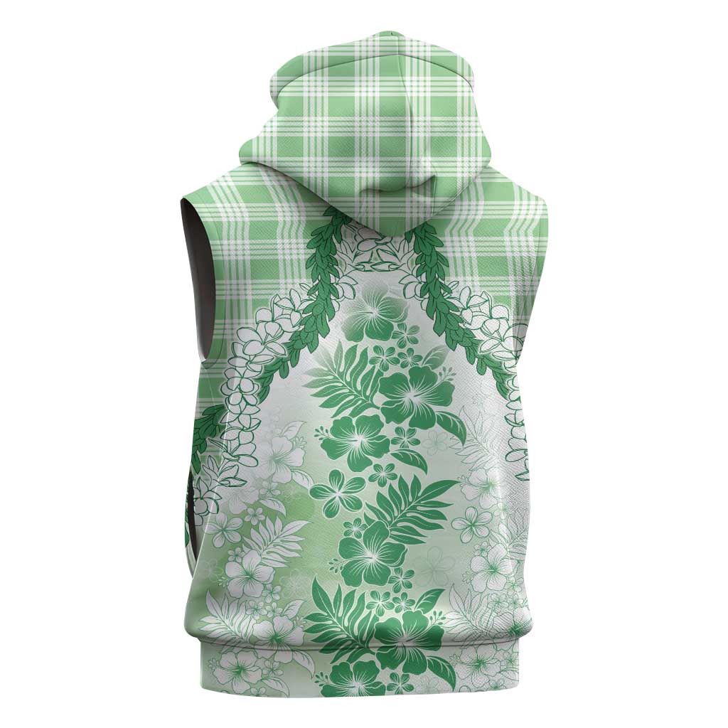 Aloha Hawaii Palaka Sleeveless Zip Hoodie Green Plumeria Lei - Polynesian Pride