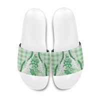 Aloha Hawaii Palaka Slide Sandals Green Plumeria Lei - Polynesian Pride