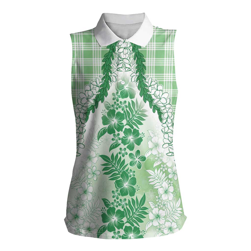 Aloha Hawaii Palaka Women Sleeveless Polo Shirt Green Plumeria Lei - Polynesian Pride