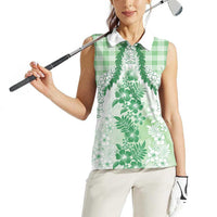 Aloha Hawaii Palaka Women Sleeveless Polo Shirt Green Plumeria Lei - Polynesian Pride