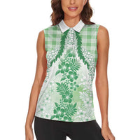 Aloha Hawaii Palaka Women Sleeveless Polo Shirt Green Plumeria Lei - Polynesian Pride